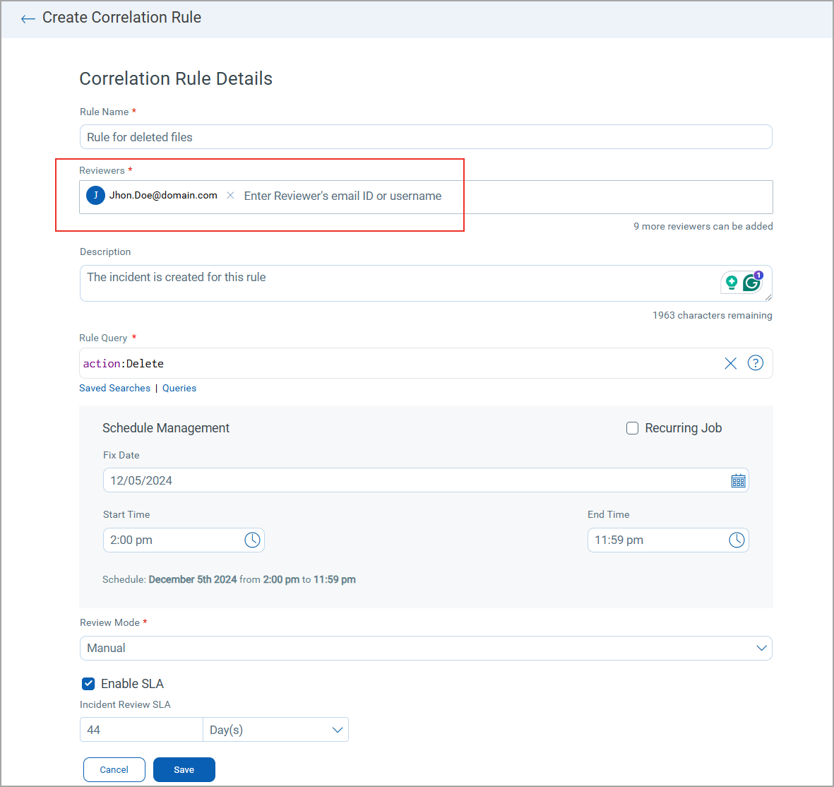 Image of the Coreelation Rule Details page